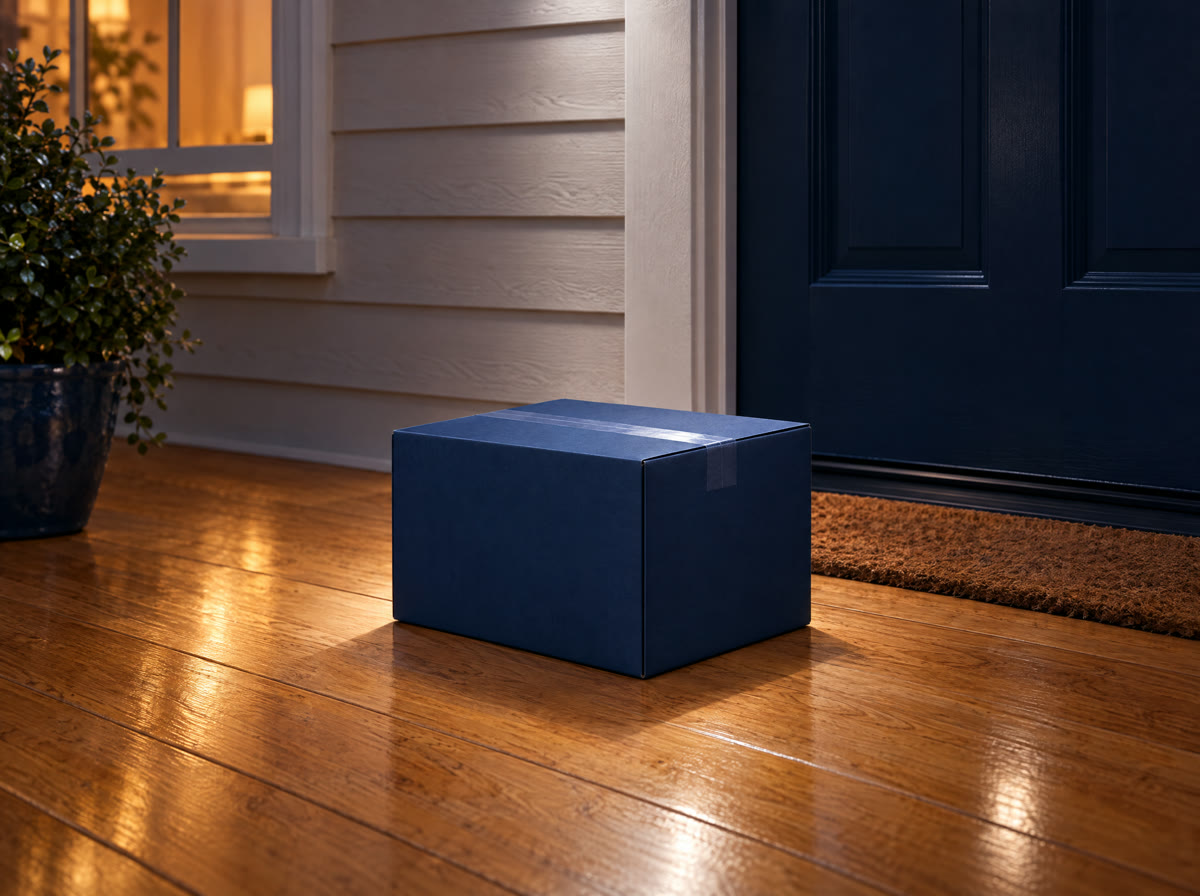 A navy box delivered to a front porch