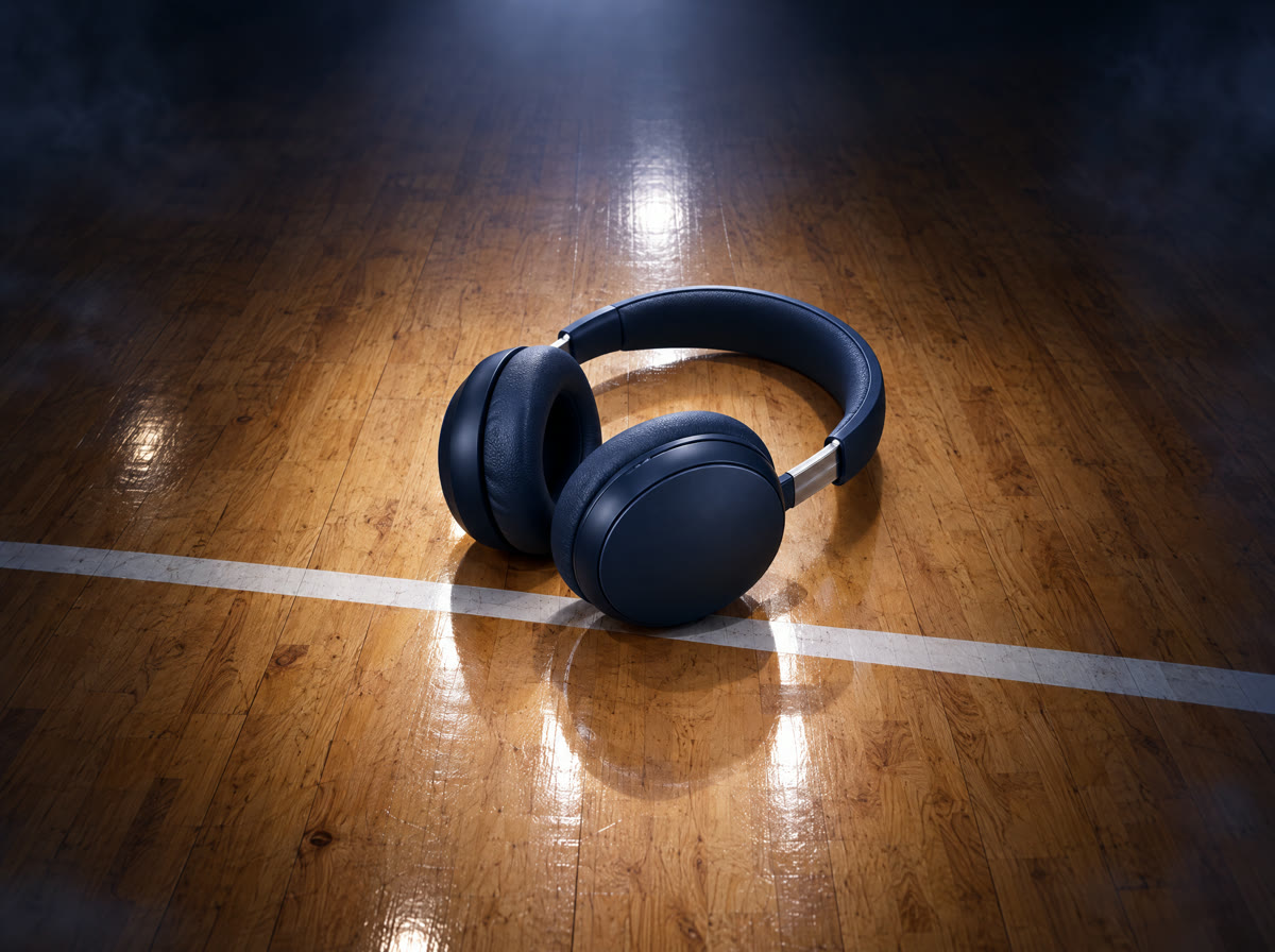 Headphones resting on a basketball court