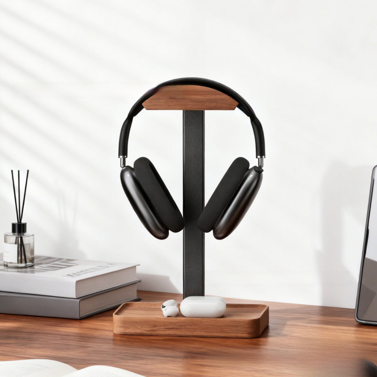 Wooden Headphone Stand with Storage Base